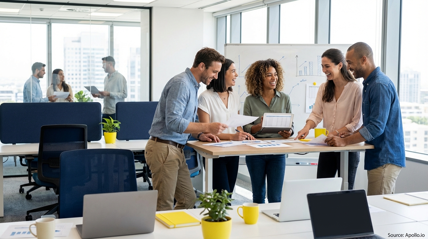 Sales team collaborating in a modern open-plan office in a sales team meeting