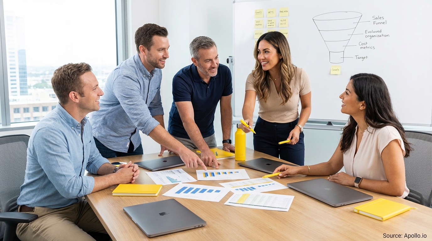 Sales professionals discussing strategy around a conference table in a sales team meeting