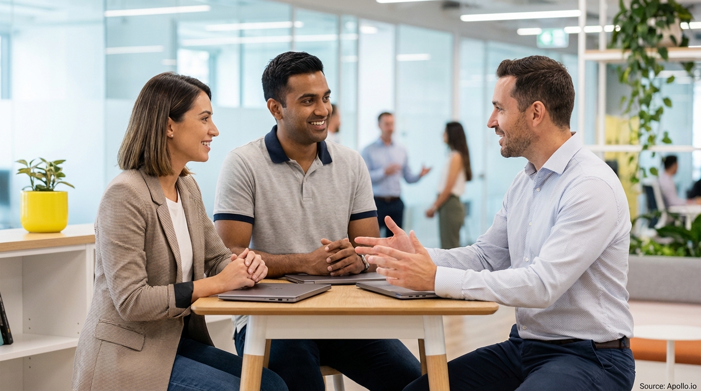 Three professionals discuss and smile at a modern office table with laptops.