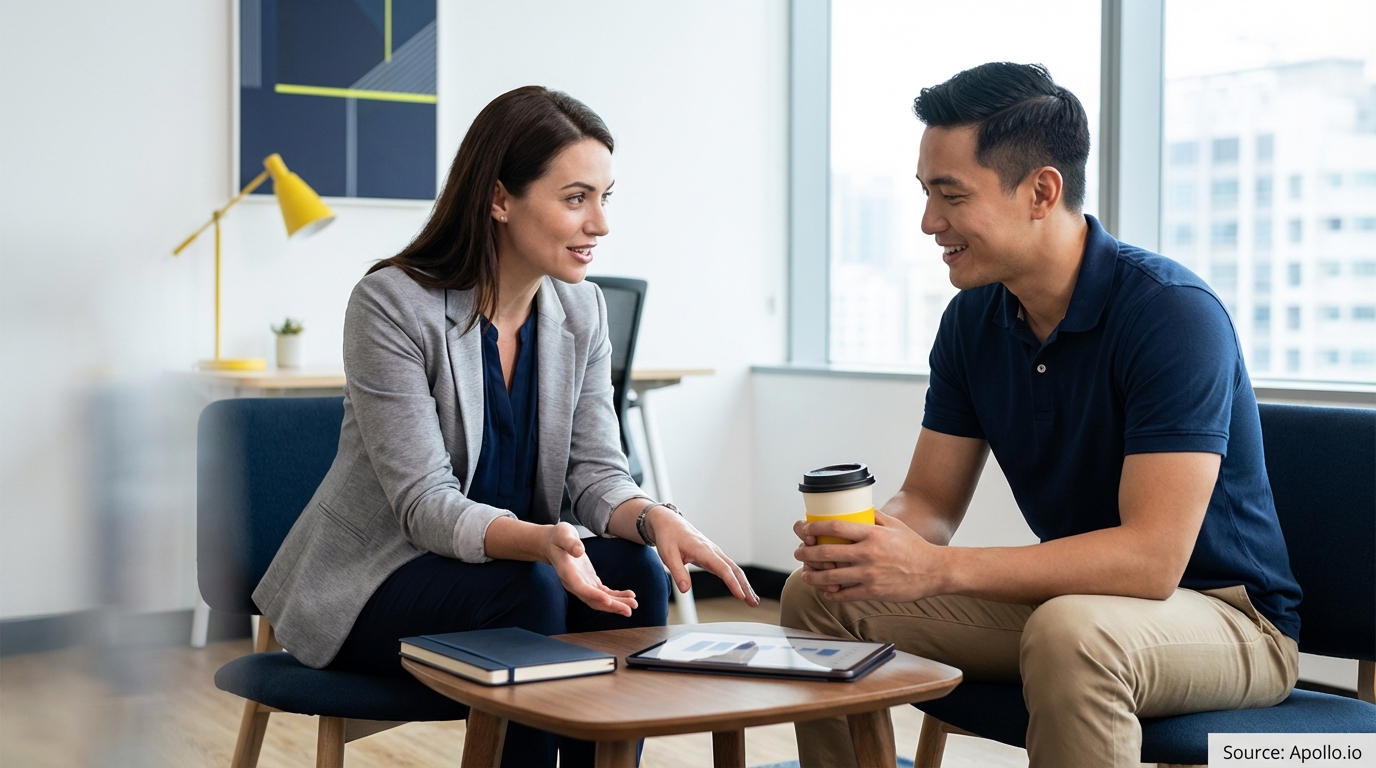 Two colleagues review a chart on a tablet during a casual office meeting.