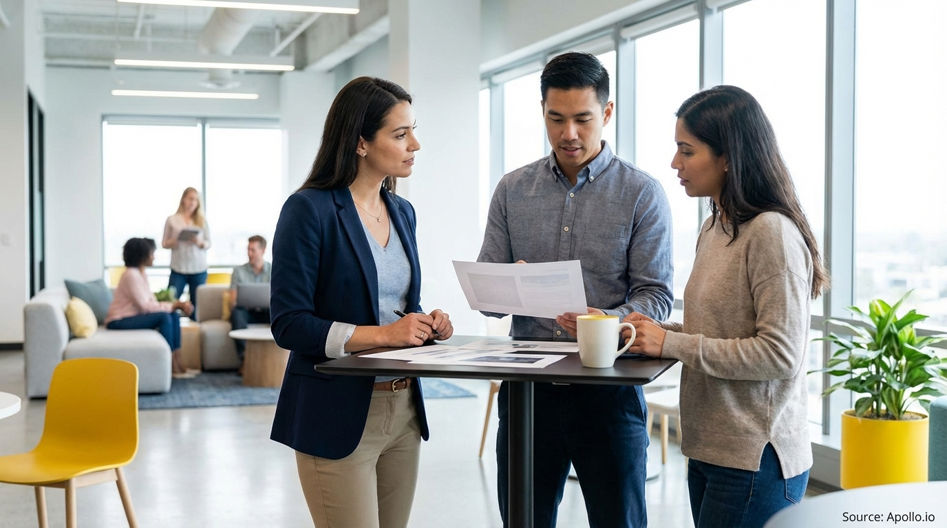 Three colleagues review documents at a standing desk in a bright, modern open-plan office.