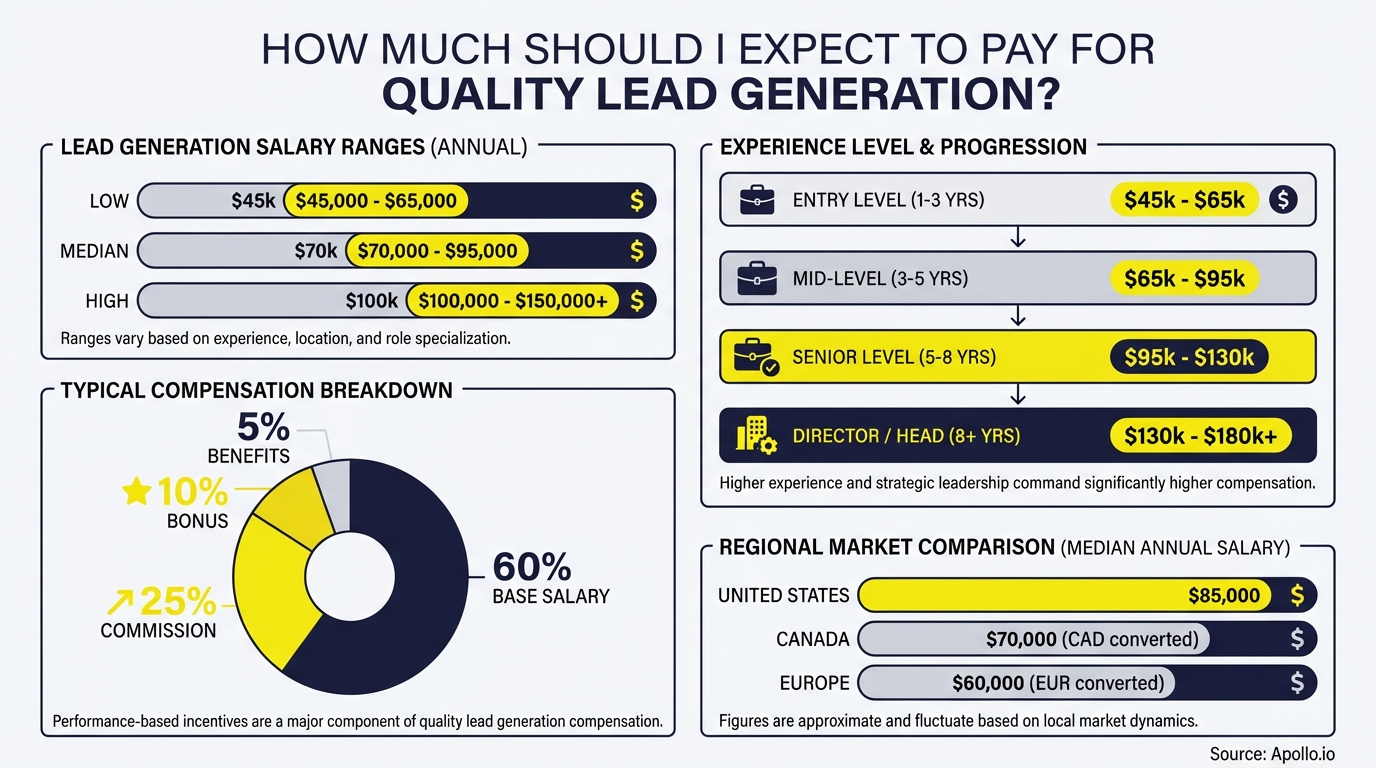 Infographic details lead generation salaries across experience levels, compensation breakdown, and regional comparisons.