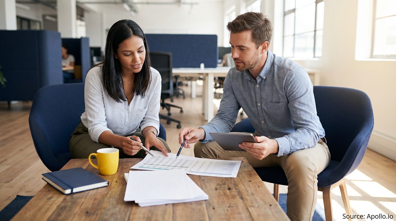 Two colleagues review papers and a tablet in a sunny modern office lounge.