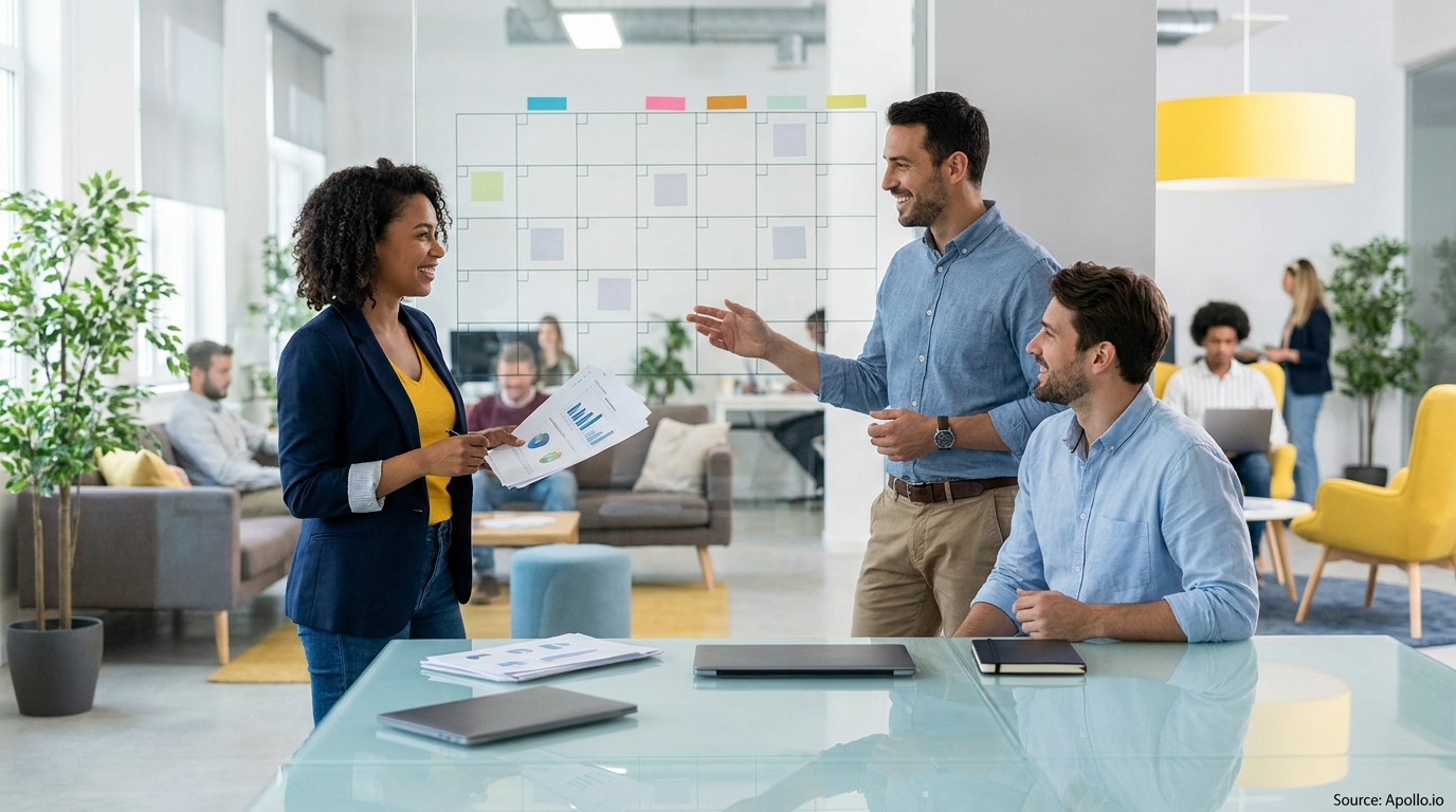 Three colleagues discuss data with charts in a bright, modern office.