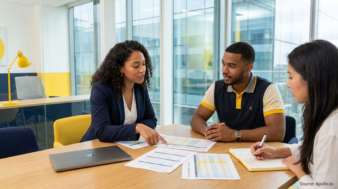 Three professionals review documents and take notes at a bright modern office table.