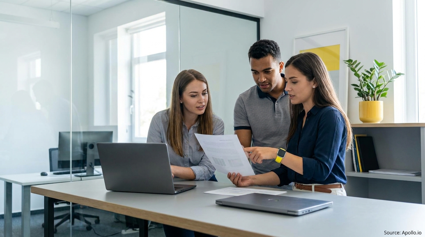 Three colleagues discuss documents and a laptop at an office desk.