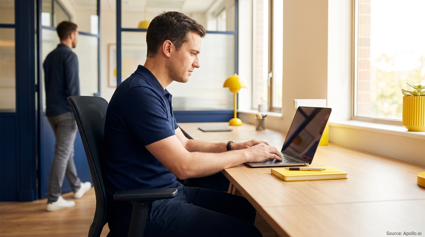 A man works on a laptop at a desk in a bright office, another man walks in the background.