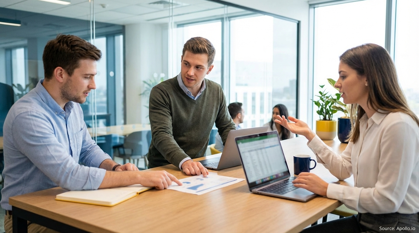 Three colleagues analyze documents and data on laptops at a bright office table.