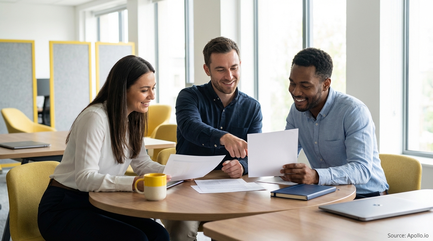 Three smiling colleagues review documents at a modern office table, one pointing at a paper.