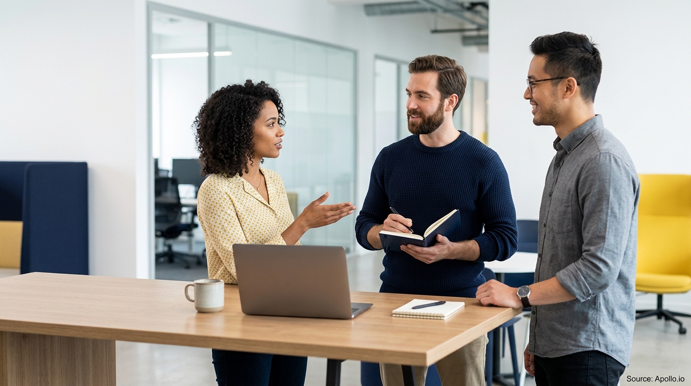 Three professionals talk around a high table with a laptop and notebooks in a modern office.