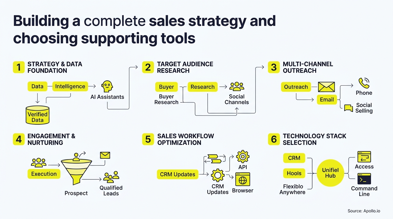 Six-step diagram outlining sales strategy development and technology selection using yellow-accented flowchart icons and labels.