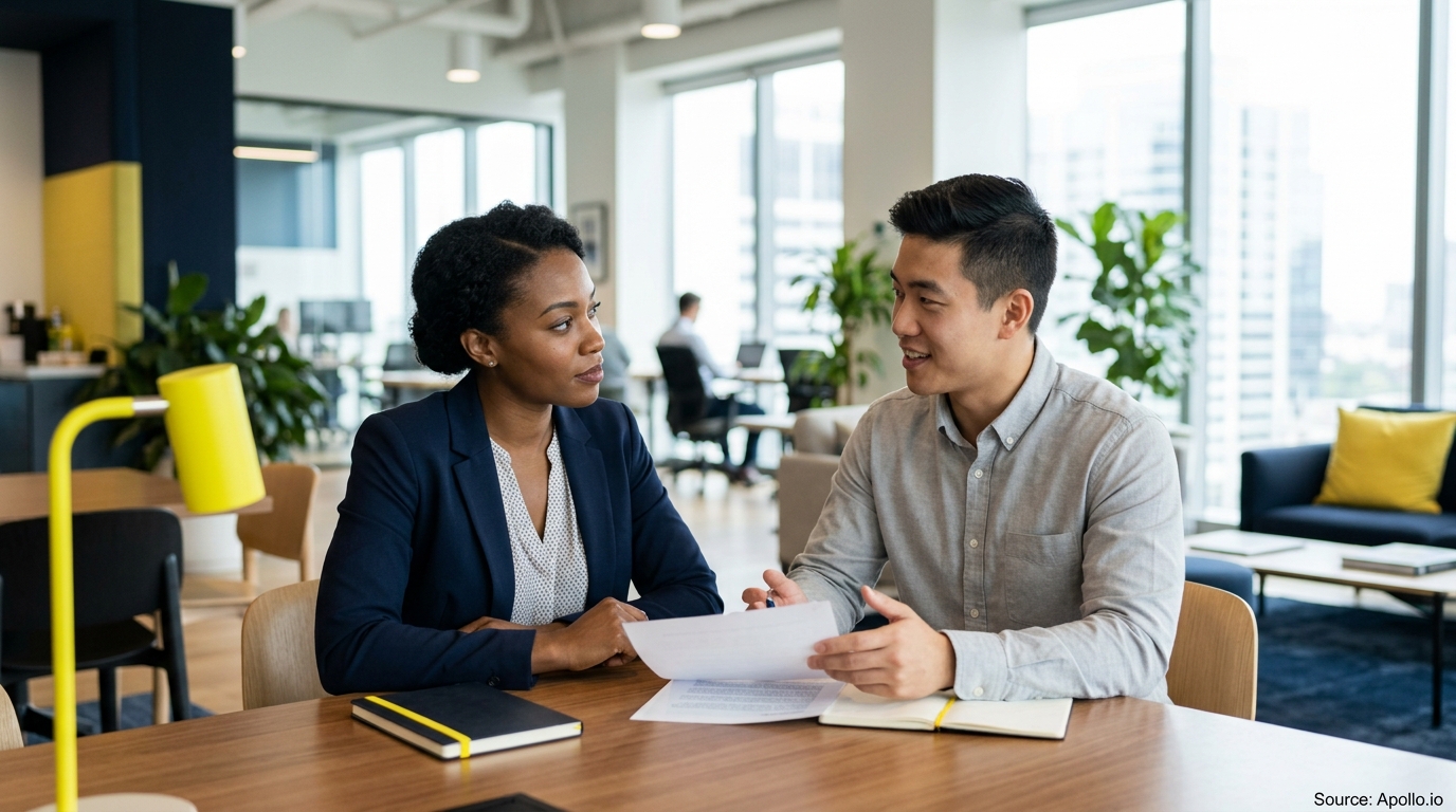 Two professionals review documents together while sitting at a desk in a bright, modern office.