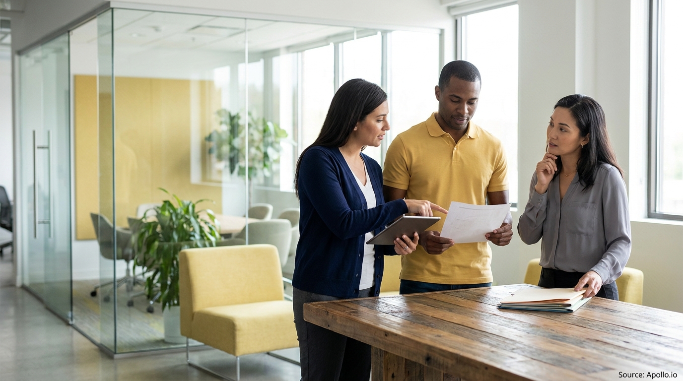 Three people collaborate using a tablet and documents in a bright, modern office.