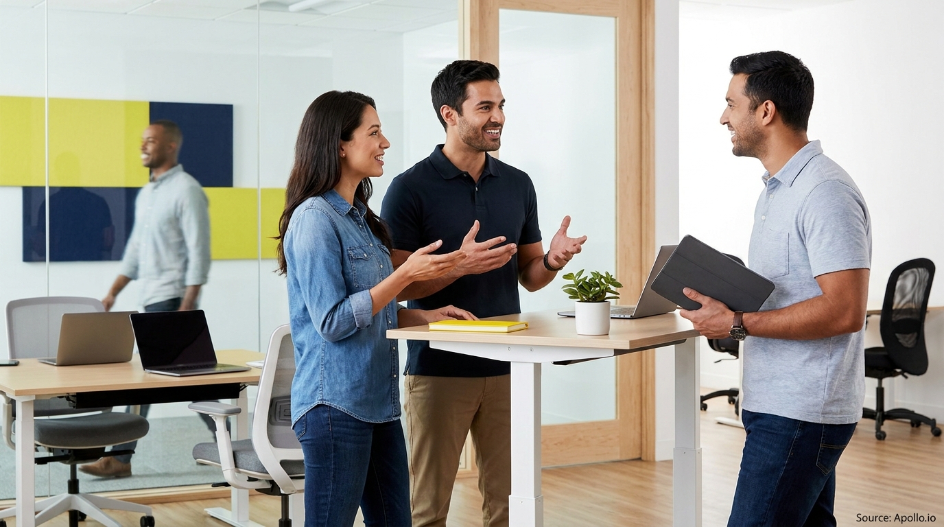 Three people discussing at a modern office standing desk.