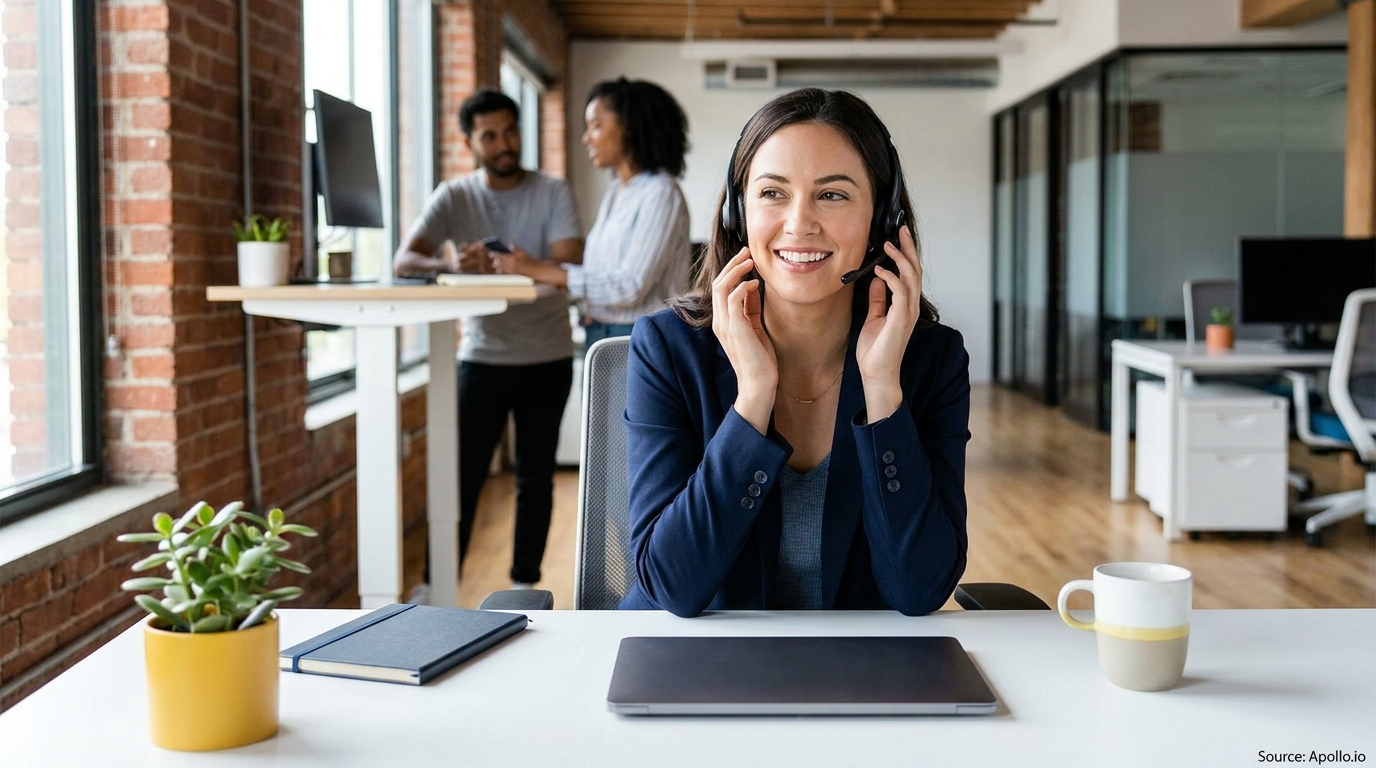 A smiling woman with a headset works at her desk while two colleagues talk in a modern office.