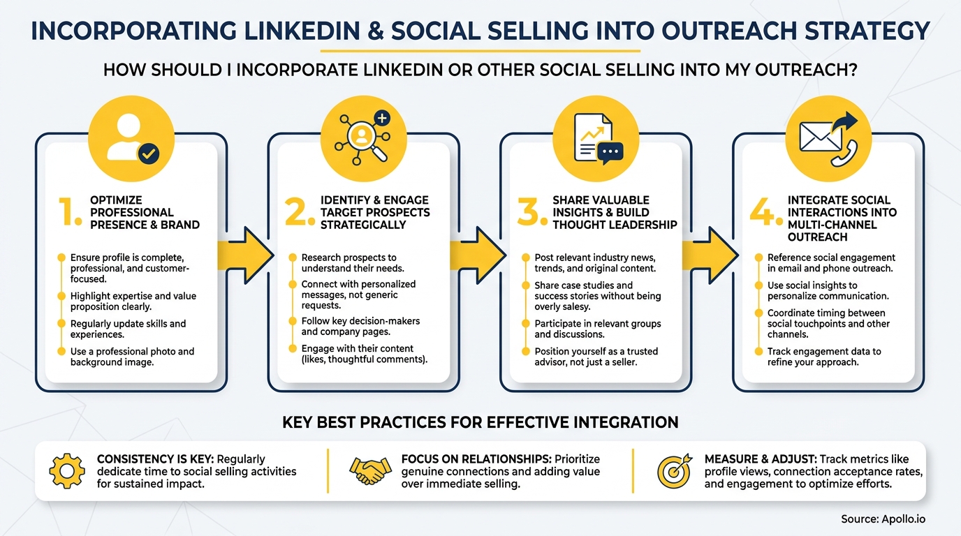 A diagram illustrating a four-step social selling outreach strategy with key best practices.
