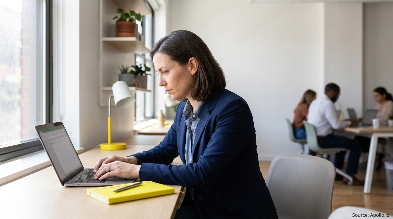 A woman types on a laptop at a sunlit desk in a modern office, with coworkers in the background.