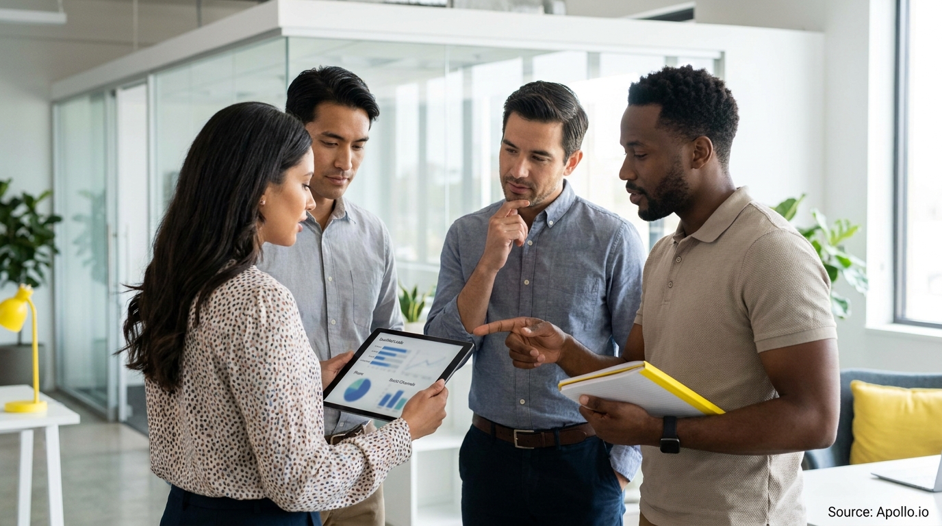 Four professionals discuss data on a tablet in a modern office.