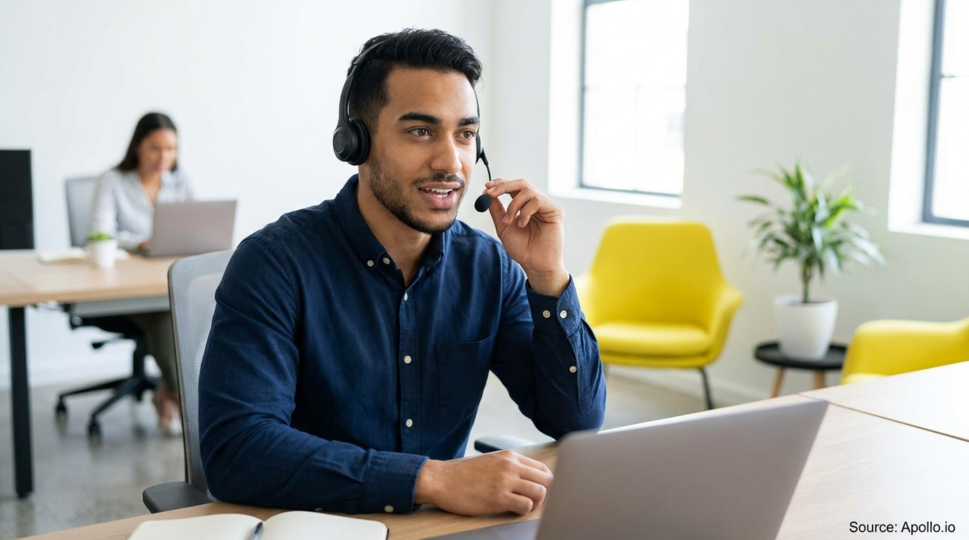 Two professionals work in a bright office; man in headset converses on laptop.