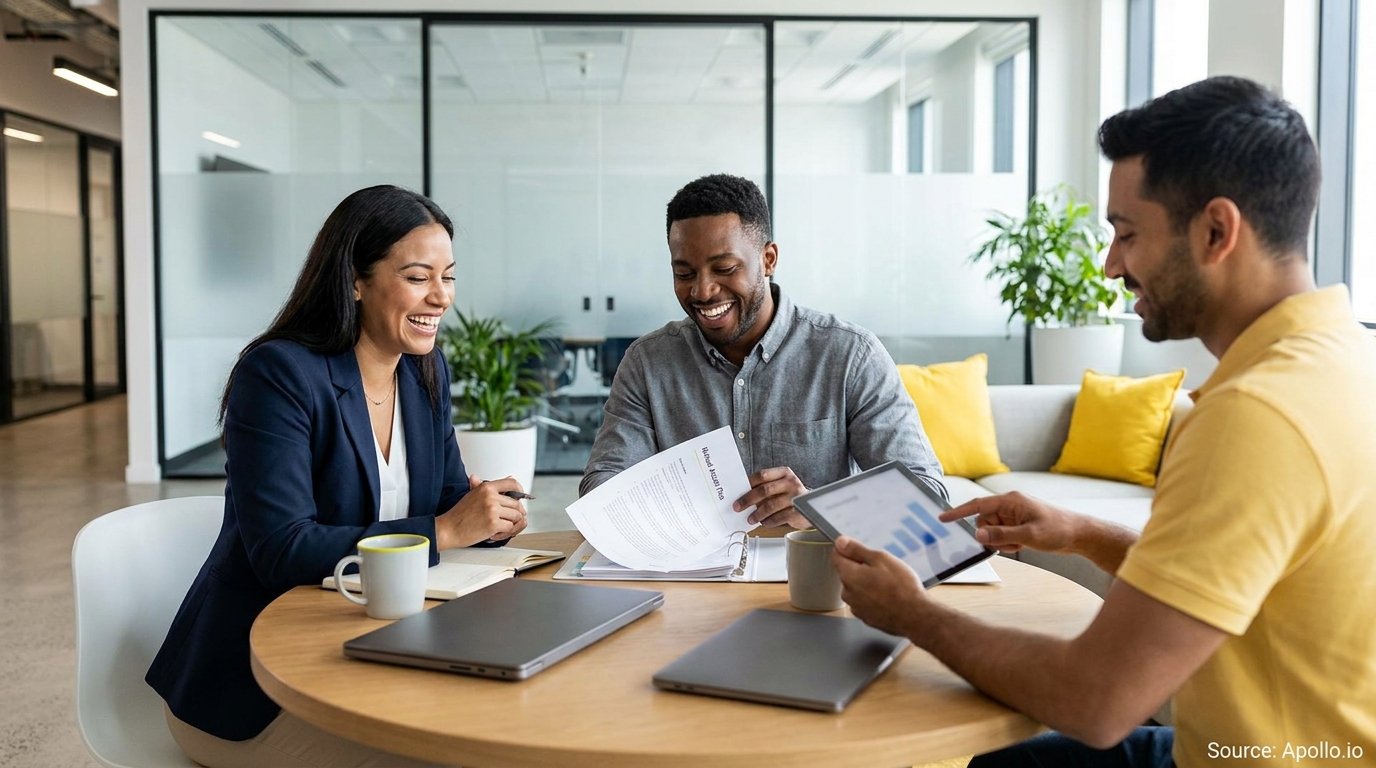 Three smiling professionals review documents and a tablet at a modern office table.
