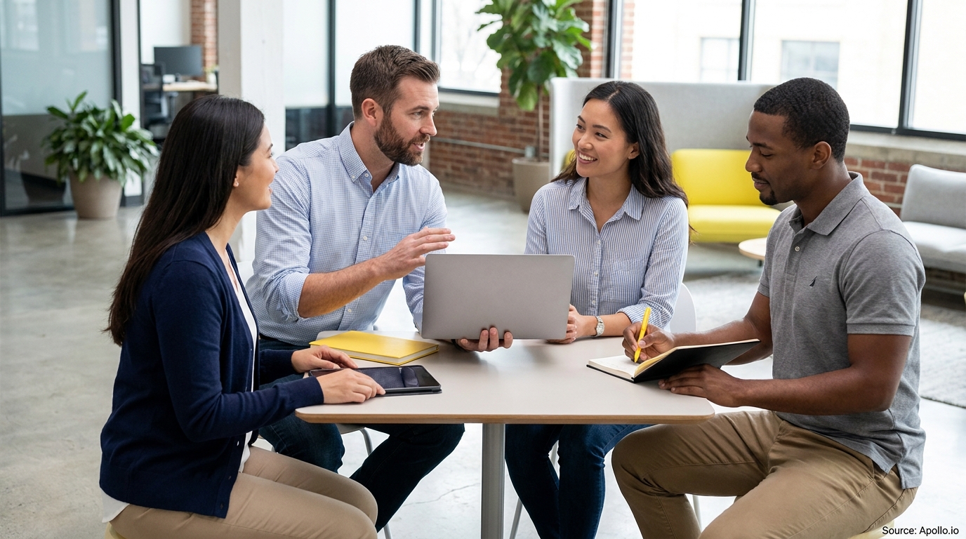 Four professionals collaborate around a table in a modern office, using a laptop, tablet, and notebooks.