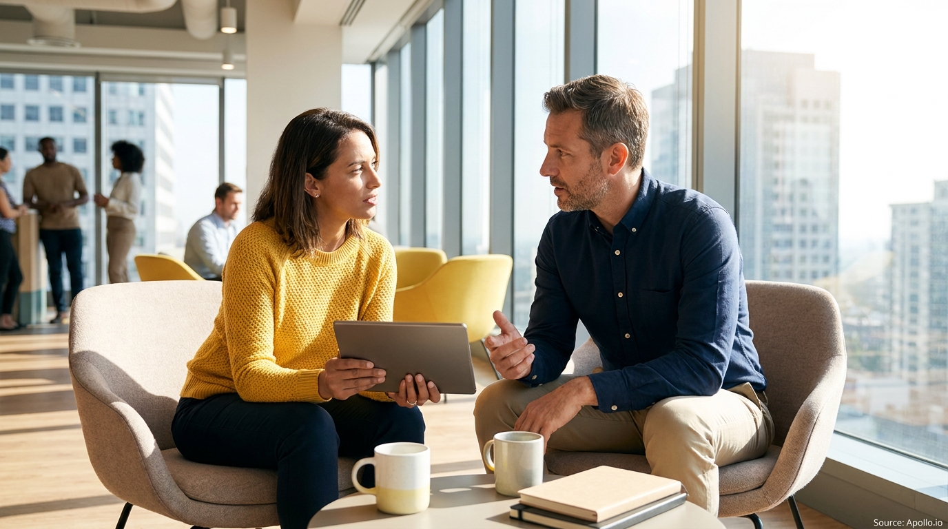 Two professionals discuss, one holding a tablet, in a bright modern office lounge.