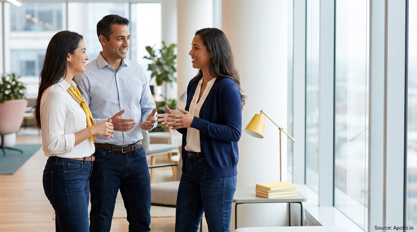 Three smiling professionals converse in a bright, modern office with large windows.