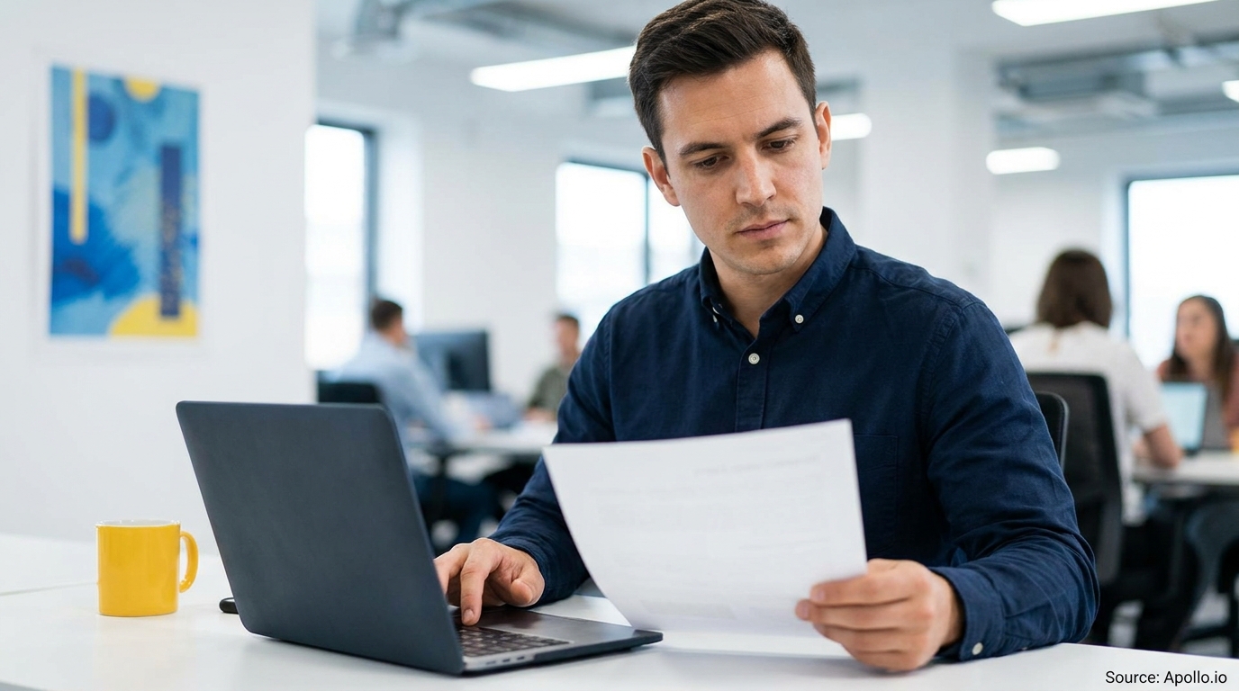 A man works at a laptop and reviews a document in a busy open-plan office.
