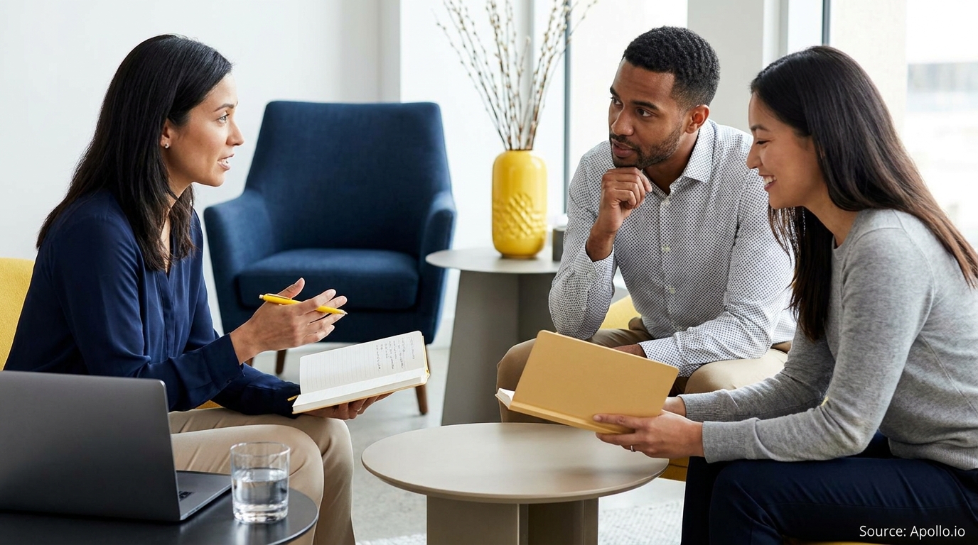A woman explains to two colleagues holding notebooks in a bright, modern office.