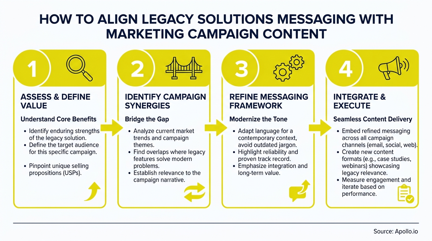 A four-step infographic illustrates aligning legacy solutions messaging with marketing campaign content.