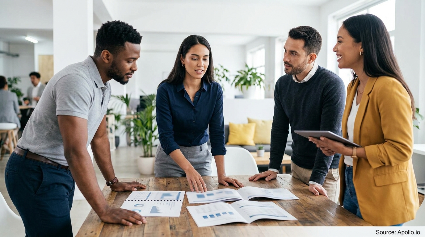 Four professionals discuss documents at a wooden office table.