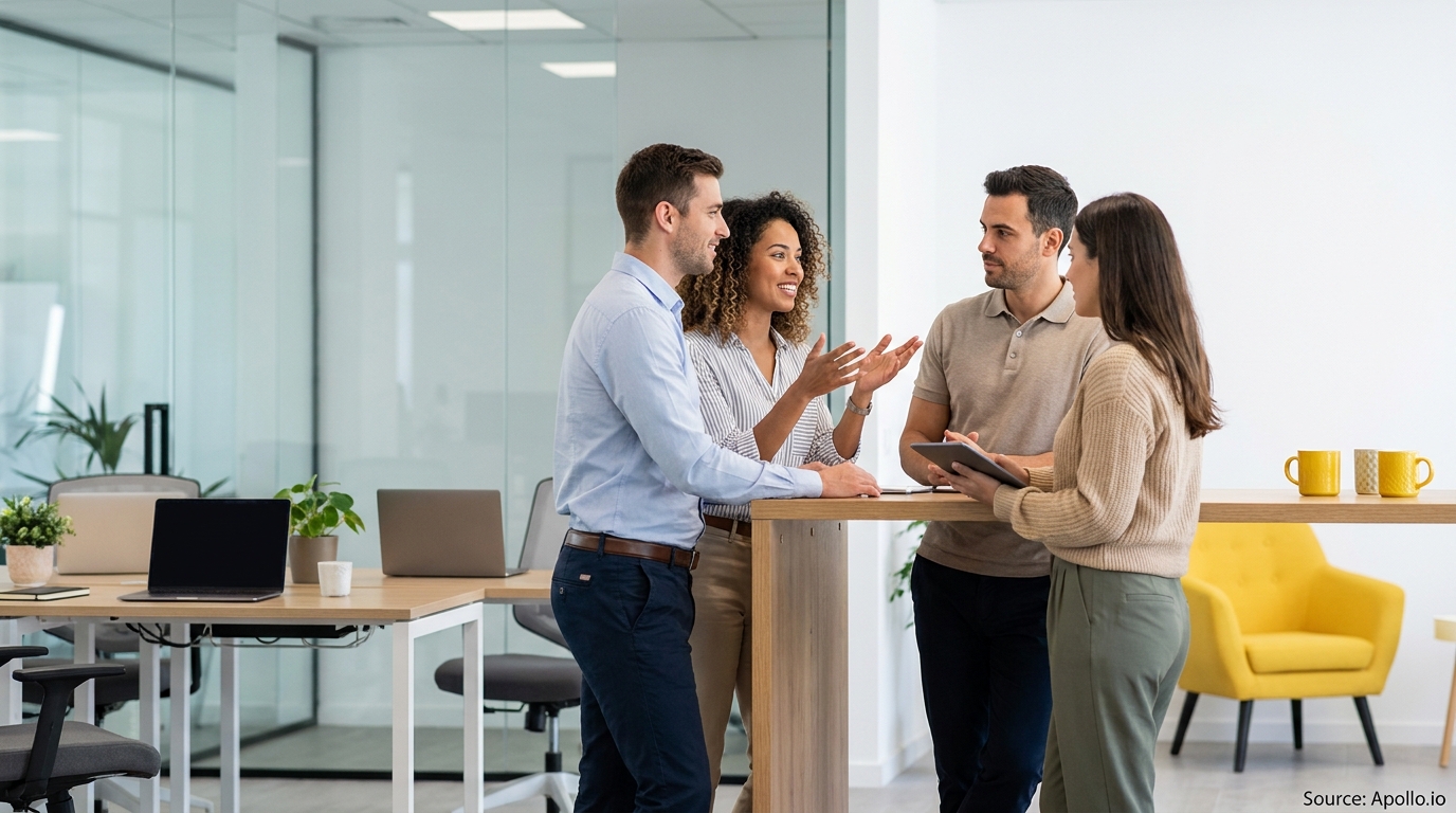 Four colleagues having a standing discussion at a high table in a bright office.