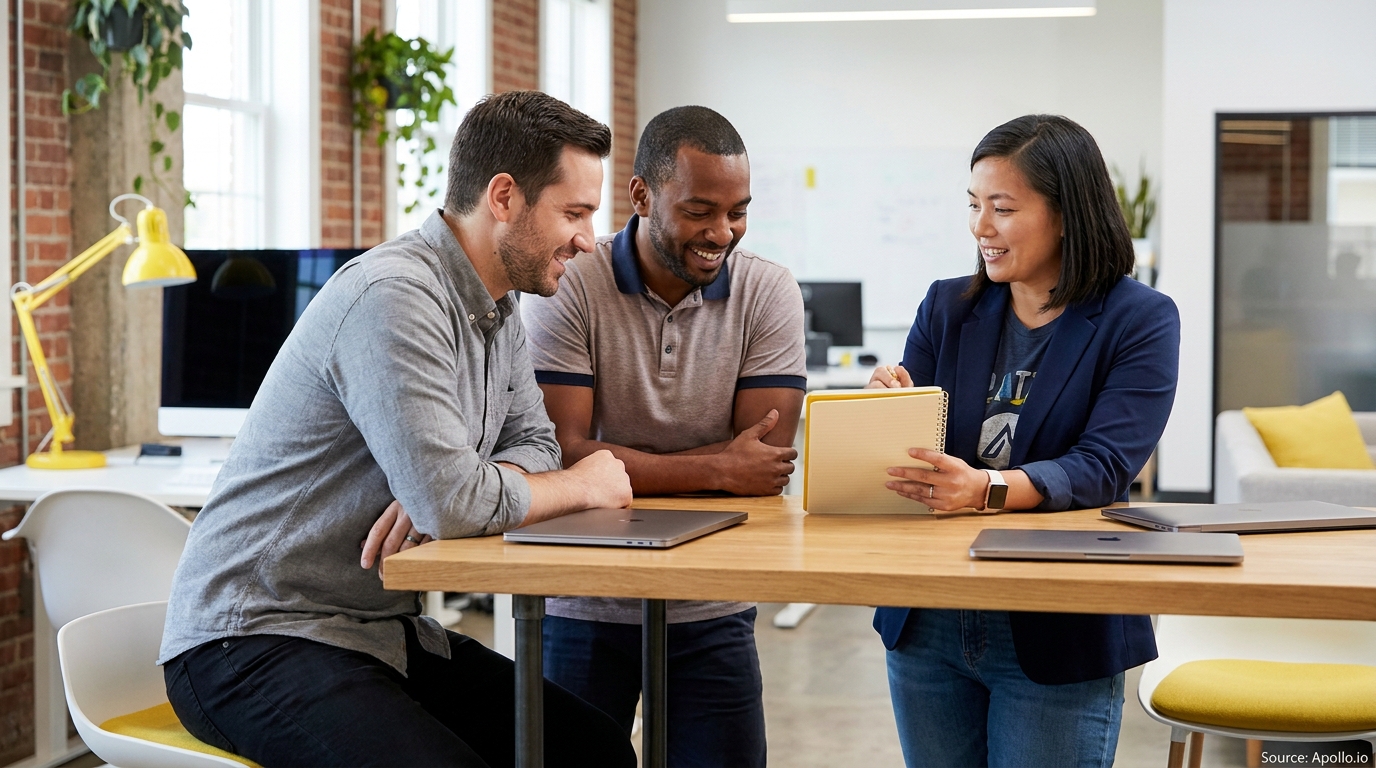 Three colleagues smile while discussing content in a notebook at a modern office.