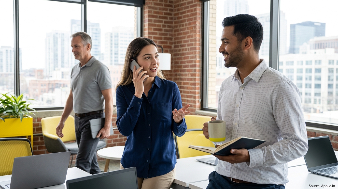 Three people in a bright office; a woman on the phone, a man with a mug, another walking with a tablet.