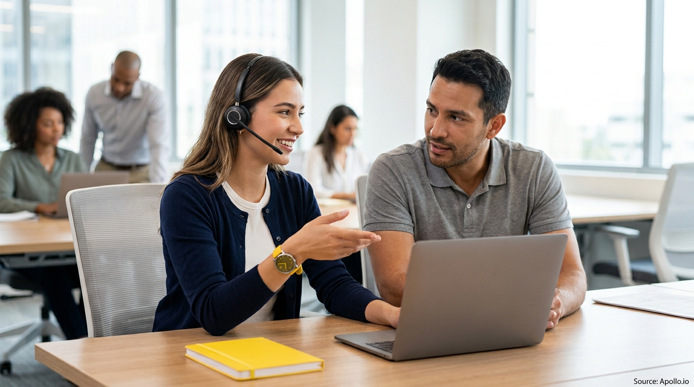 Woman wearing a headset gestures while speaking to a man looking at a laptop in an office.