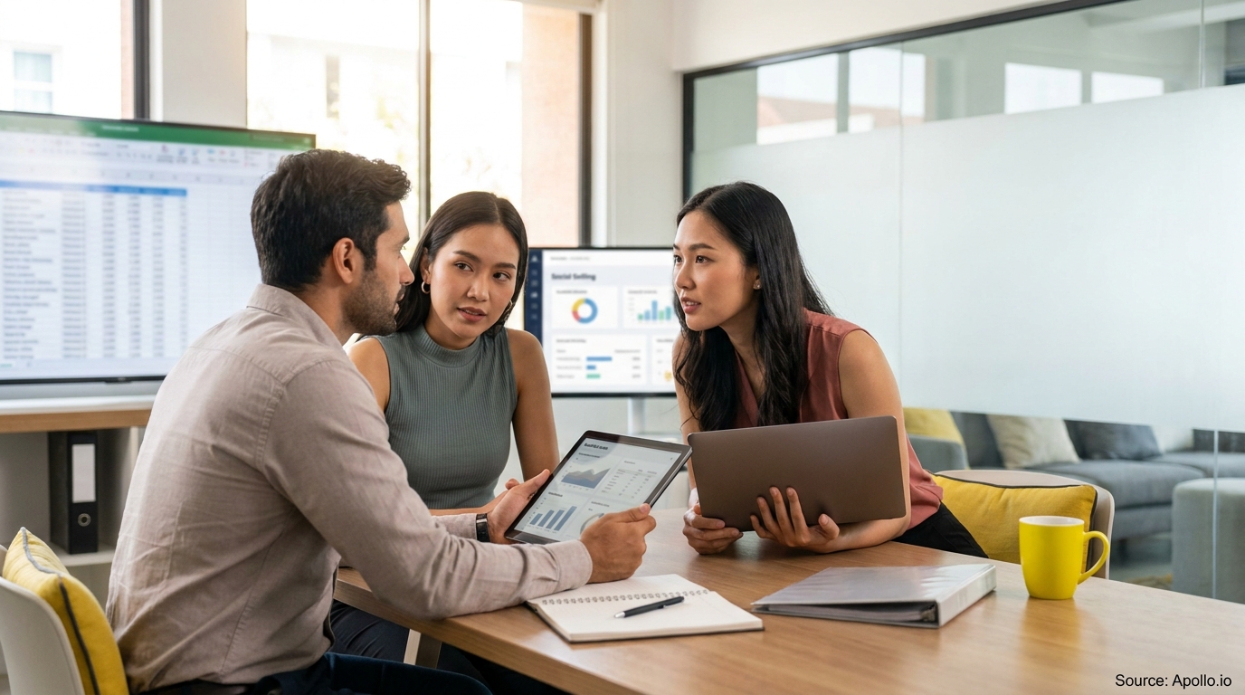 Three professionals review data on a tablet and large screens in a modern office.