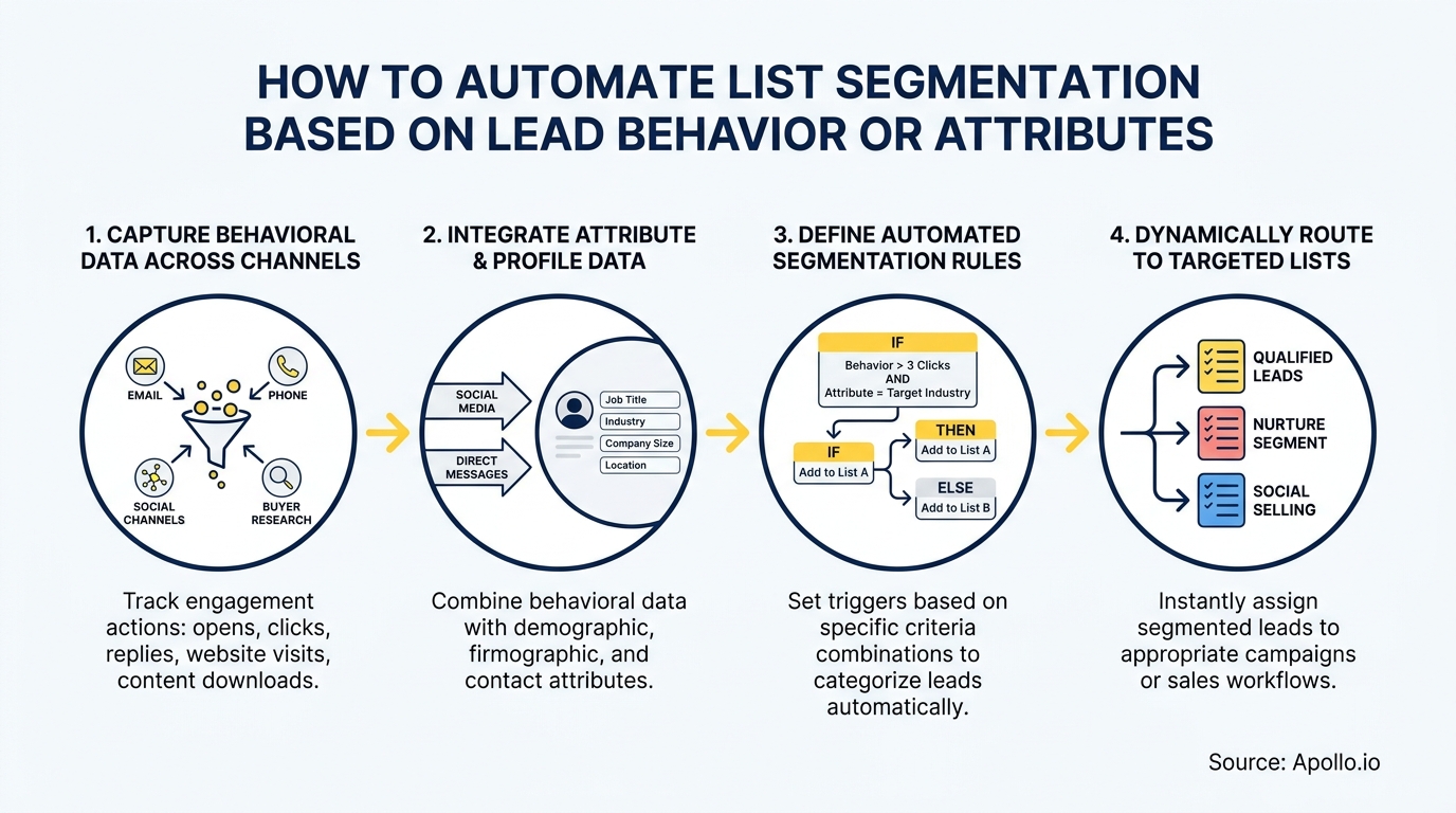 Flowchart illustrating a four-step process for automated lead segmentation using behavioral and attribute data.