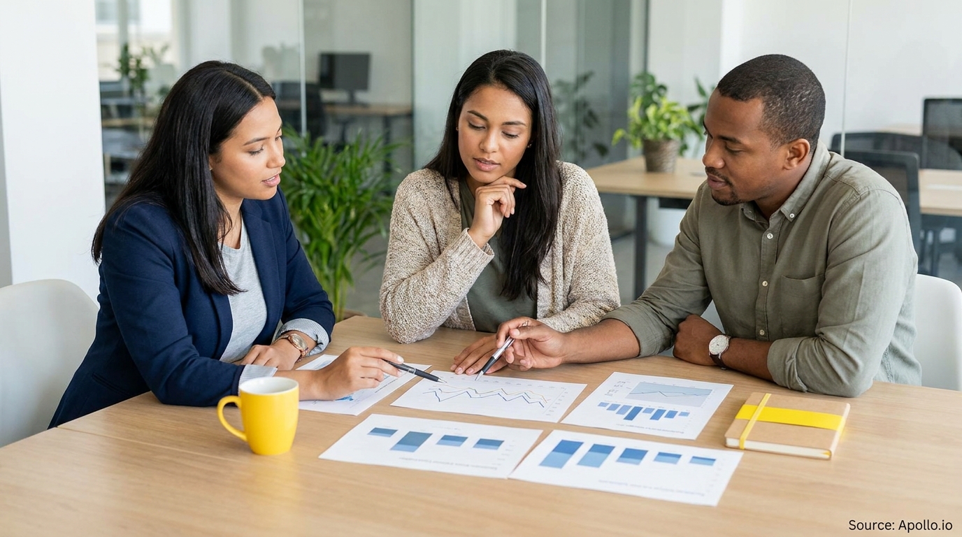 Three professionals in a modern office analyzing data and charts on a table.