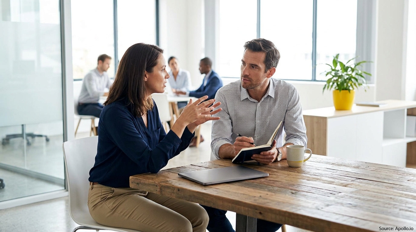 Two professionals discuss at a wooden table in a bright office, one gesturing, the other taking notes.
