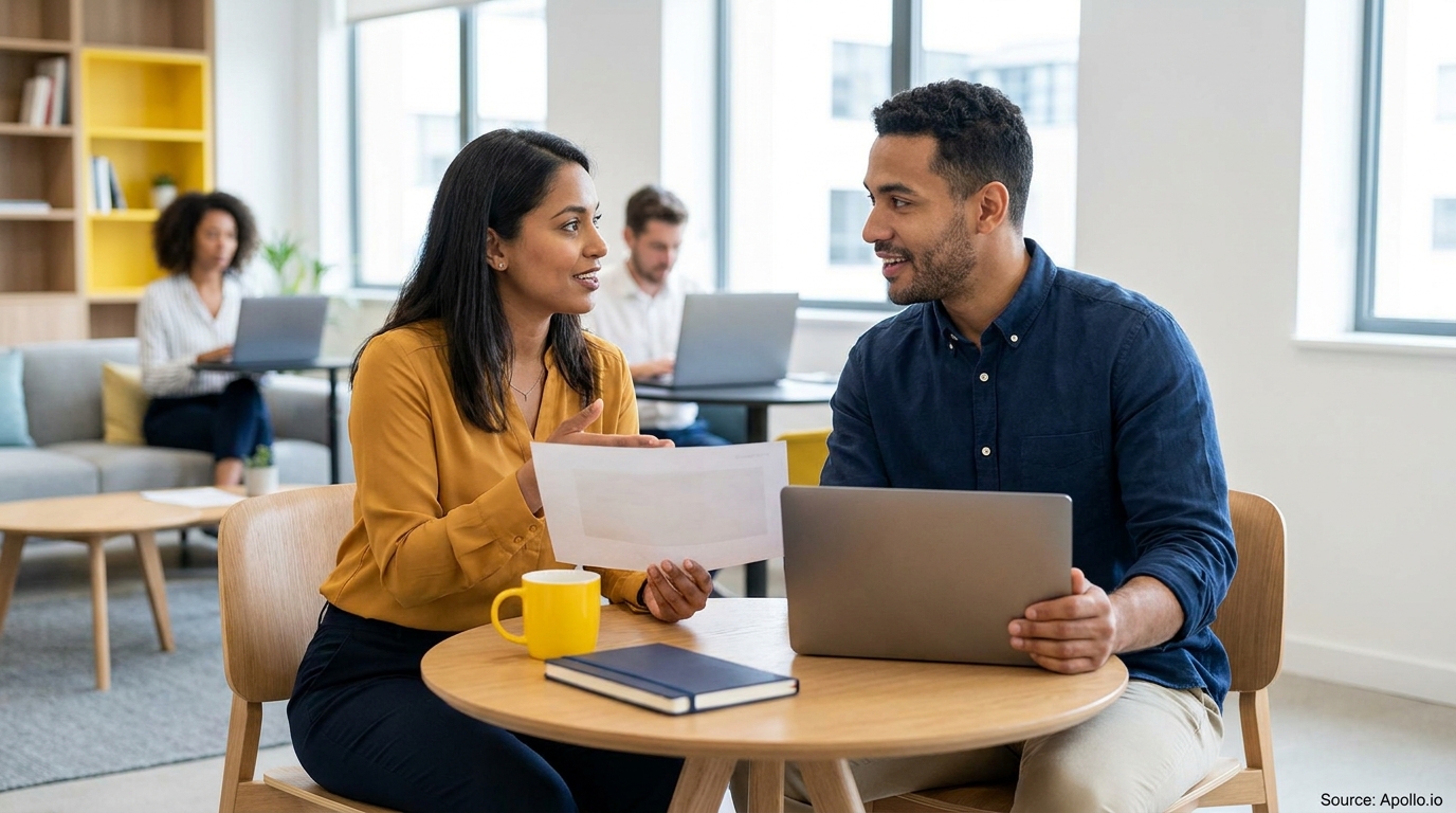 Two colleagues discuss a document and laptop, with two others working in a modern office.