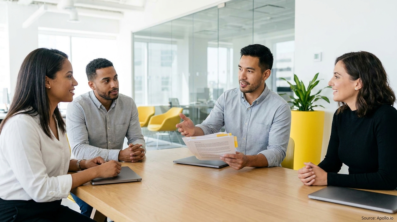 Four professionals discuss work around a table in a modern office.