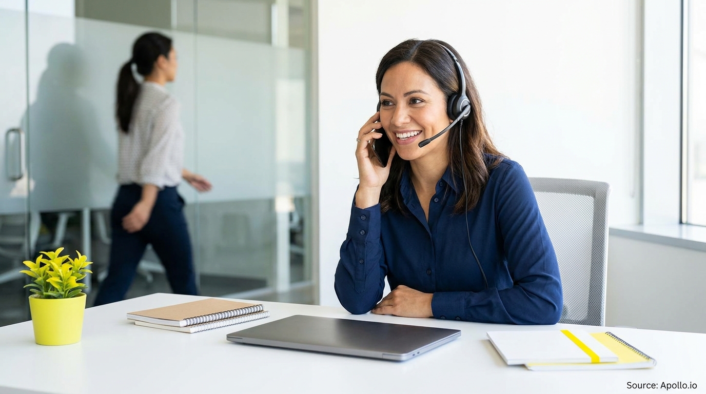 Smiling woman on a headset talks on a phone at an office desk; another person walks in the background.