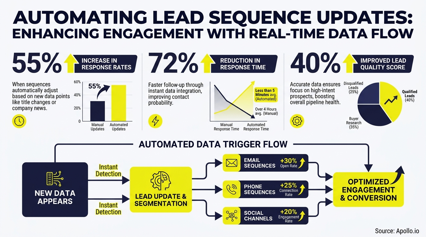 Infographic detailing lead sequence automation benefits with charts and a data trigger flow diagram.