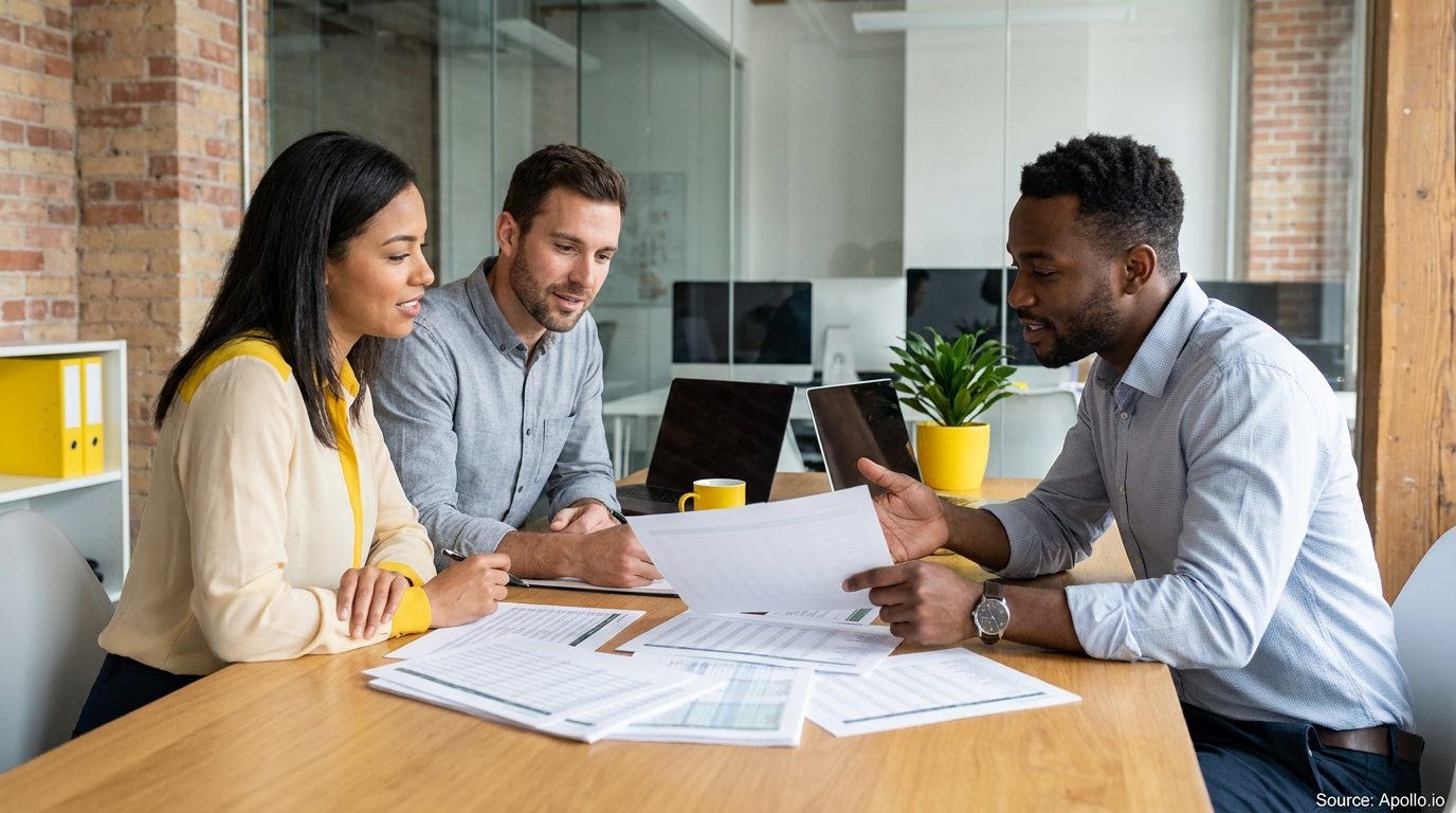 Three professionals discuss documents at a light wood table in a modern office.