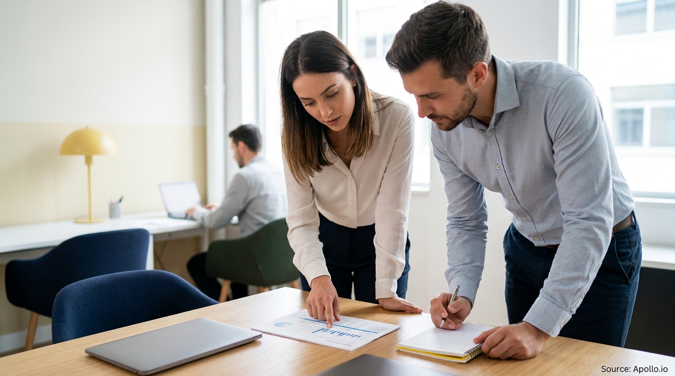 Two professionals review documents at a table while a third works on a laptop in an office.