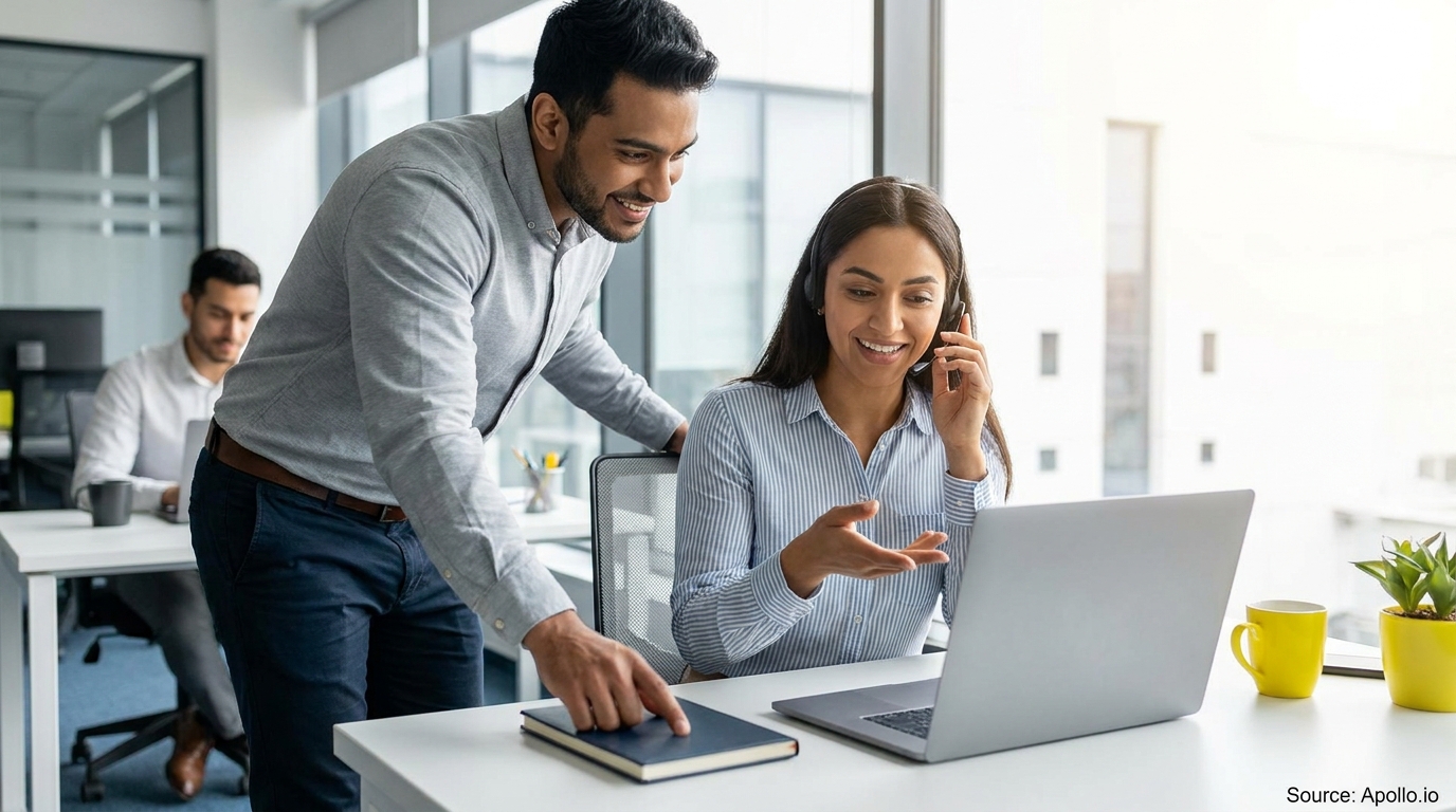 Two colleagues collaborate at a laptop, one wearing a headset, in a bright modern office.