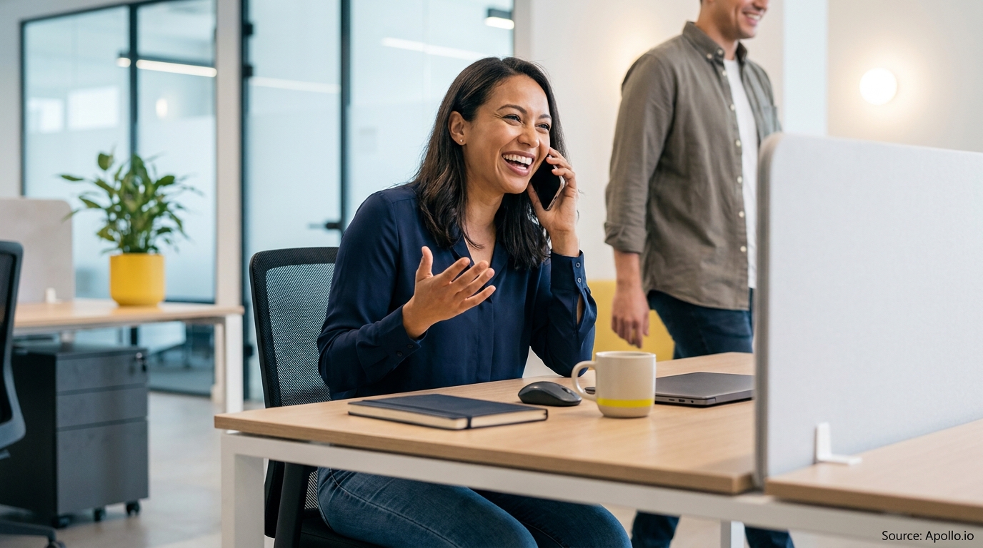 A laughing woman talks on a phone at a modern office desk as a man passes by.