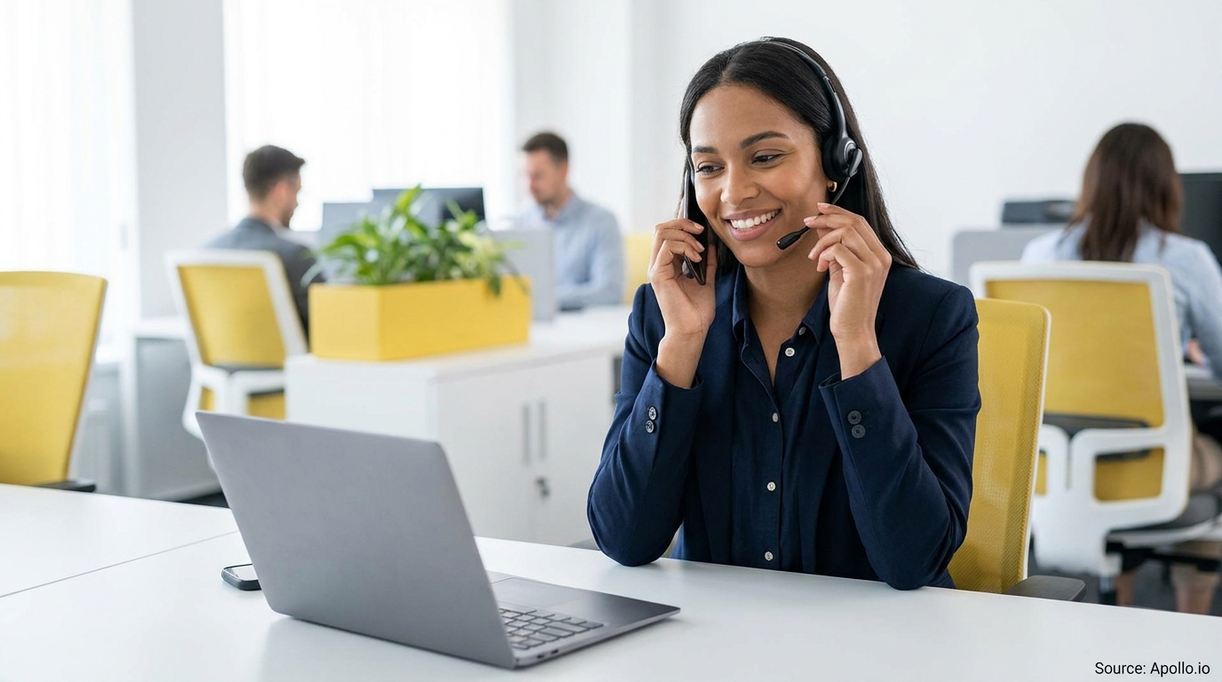 A smiling woman with a headset and phone works on a laptop in a bright office with colleagues.
