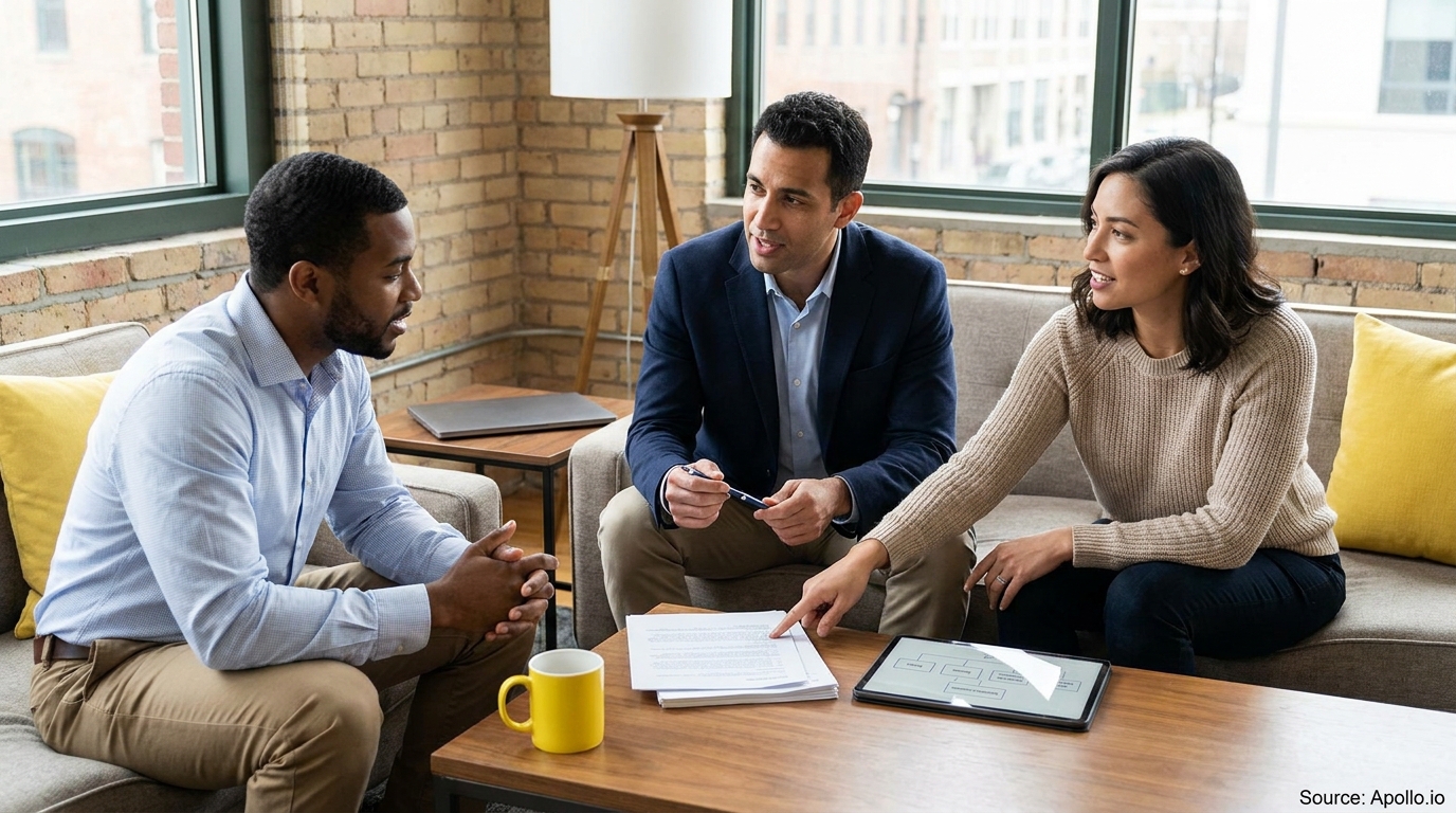 Three professionals discuss documents and a tablet at a coffee table.