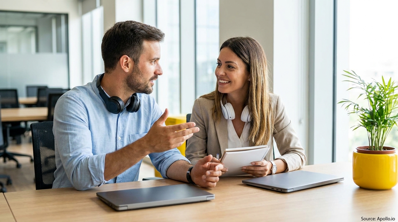 Two smiling colleagues discuss work at a modern office desk with laptops and headphones.